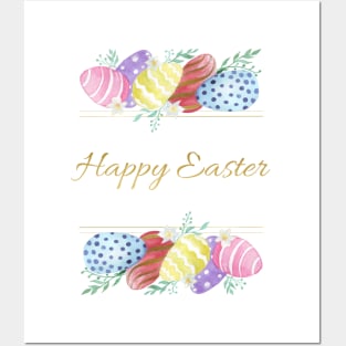 Happy Easter with colorful eggs and flowers Posters and Art